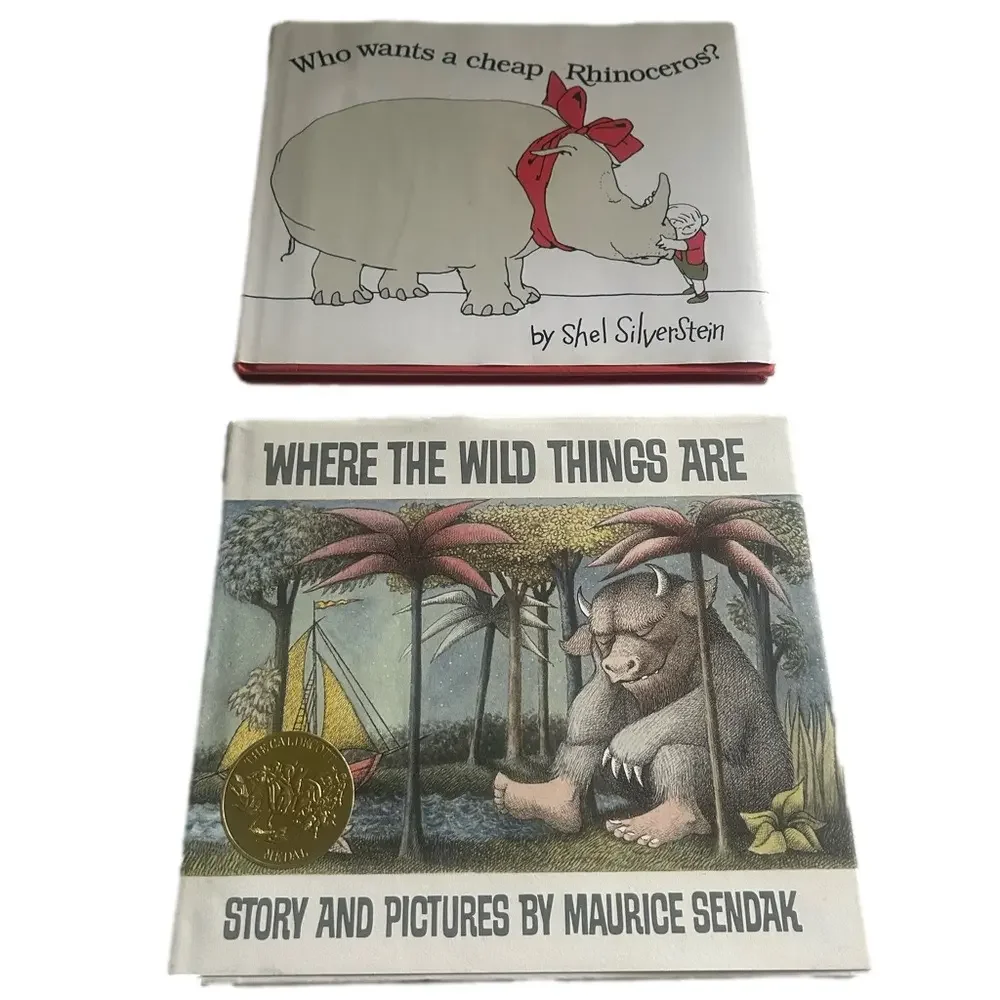 Set of 2 Where the Wild things Are Book & Who wants a cheap rhinoceros Hardback